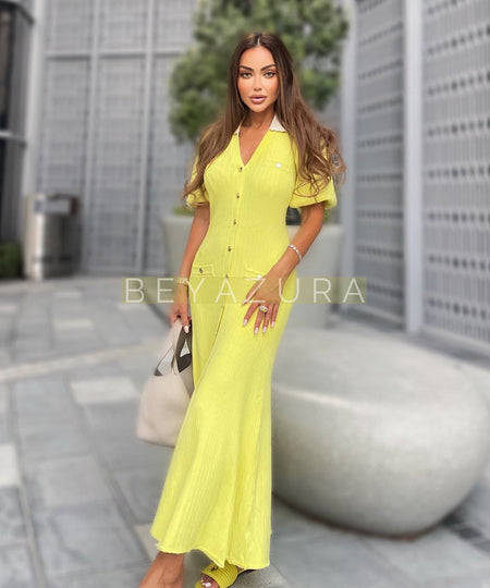 Collared Knit Button Down Dress In Yellow - BEYAZURA.COM