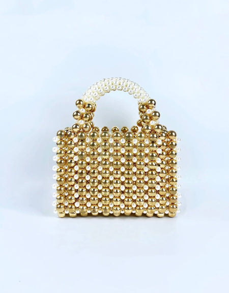 Gold And White Beaded Mini Tote Bag - BEYAZURA.COM