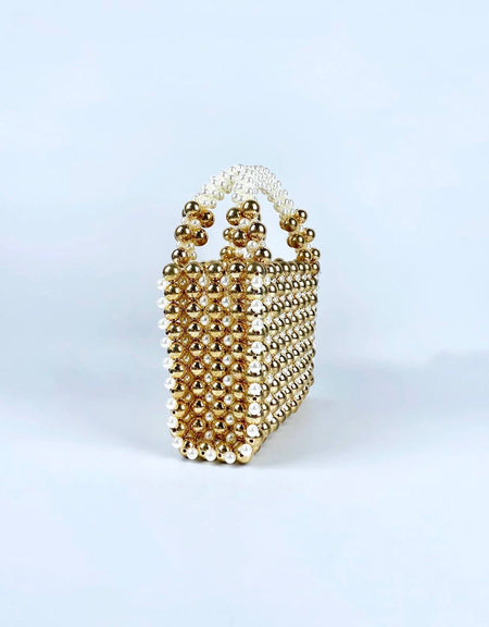 Gold And White Beaded Mini Tote Bag - BEYAZURA.COM