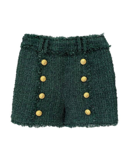 Green Gold Button Tweed Shorts - BEYAZURA.COM