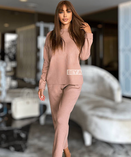 Ribbed Knit Sweater and Pants Two Piece Set - BEYAZURA.COM