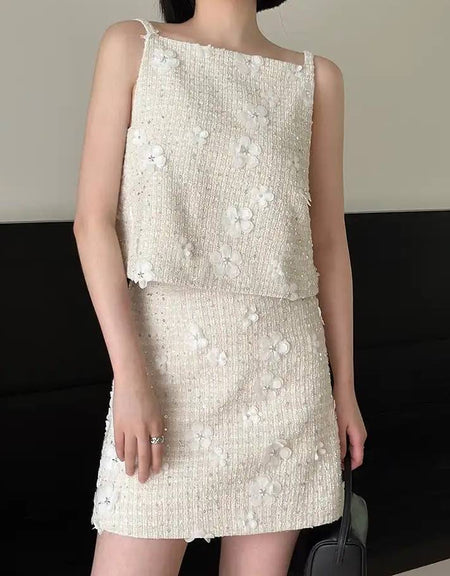Beige Tweed Knit Floral Skirt Set - BEYAZURA.COM