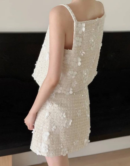 Beige Tweed Knit Floral Skirt Set - BEYAZURA.COM