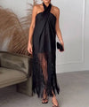 Fringe Skirt Halter Linen Dress In Black - BEYAZURA.COM
