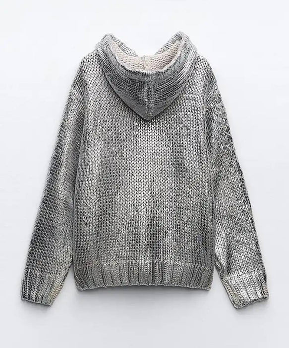 Metallic Silver Rib Trimmed Hoodie Sweater - BEYAZURA.COM