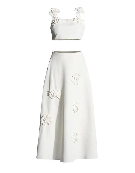 White Flower Strapped Cropped Bralette And Long Skirt Set - BEYAZURA.COM