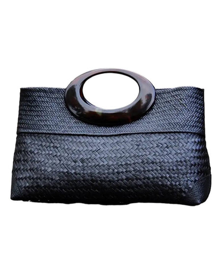 Braided Rectangular Straw Handbag With Oval Handle - BEYAZURA.COM