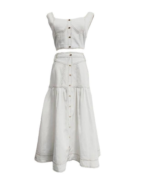 White Denim Cropped Top And Skirt Set - BEYAZURA.COM