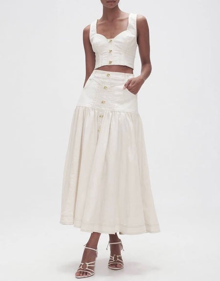 White Denim Cropped Top And Skirt Set - BEYAZURA.COM