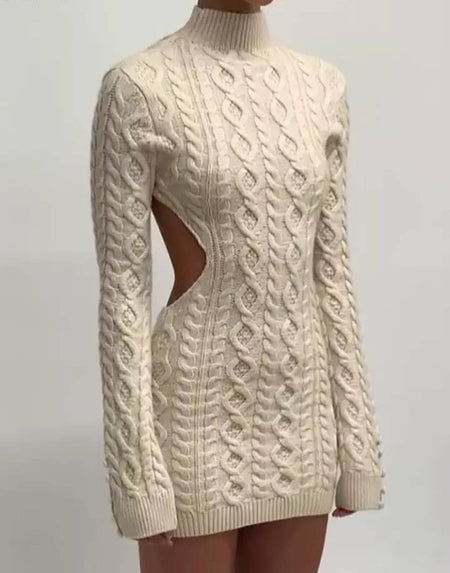 Backless Cable Knit Mini Dress - BEYAZURA.COM