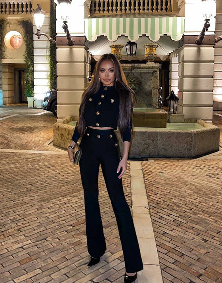 Bandage Gold Buttoned Flared Pants - BEYAZURA.COM