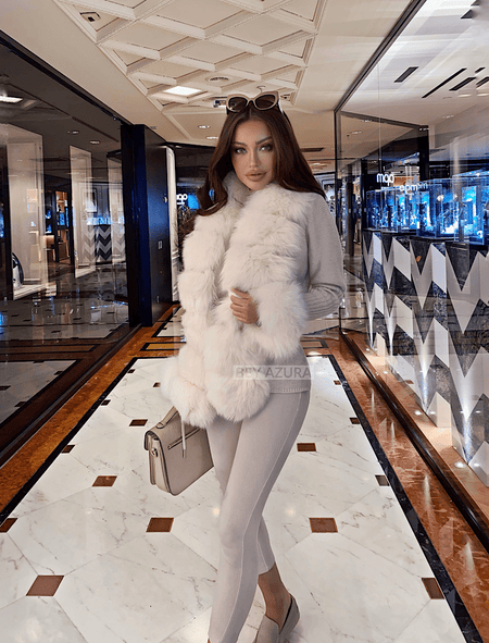 Beige Detachable Fox Fur Trimmed Ribbed Knit Sweater - BEYAZURA.COM