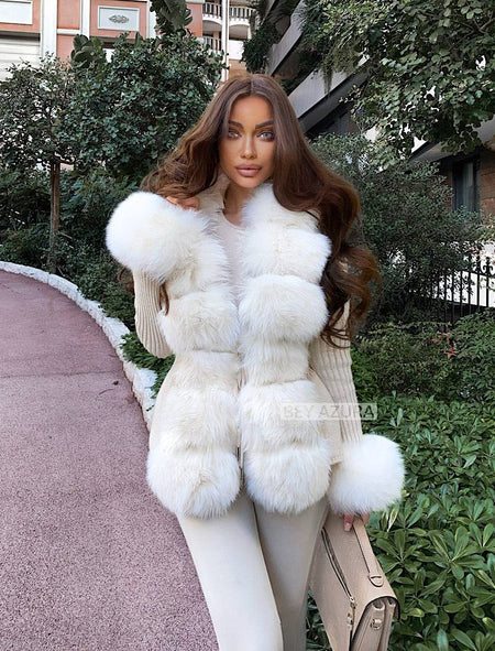 Beige Detachable Fox Fur Trimmed Ribbed Knit Sweater - BEYAZURA.COM