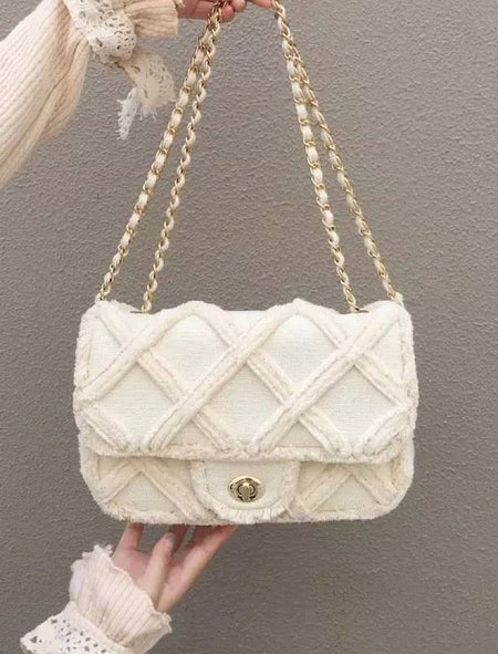 Beige Gold Trimmed Canvas Flap Bag - BEYAZURA.COM