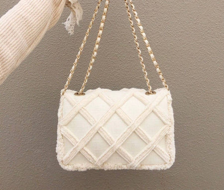 Beige Gold Trimmed Canvas Flap Bag - BEYAZURA.COM