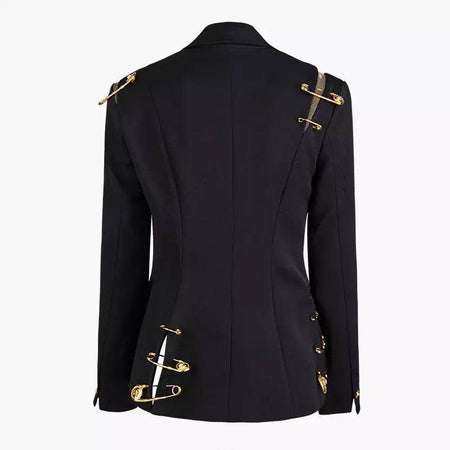 Black Blazer With Golden Safety Pin Trims - BEYAZURA.COM