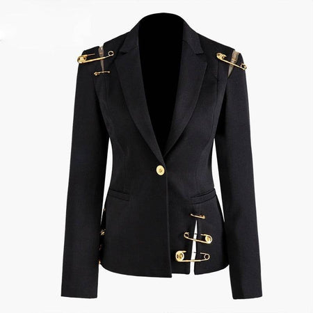 Black Blazer With Golden Safety Pin Trims - BEYAZURA.COM