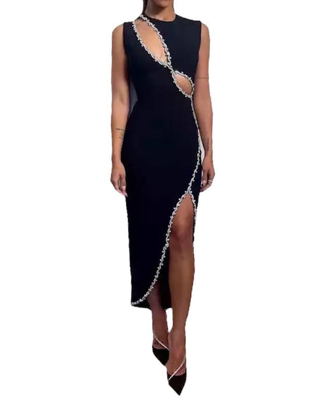 Black Crystal Cutout Midi Dress - BEYAZURA.COM
