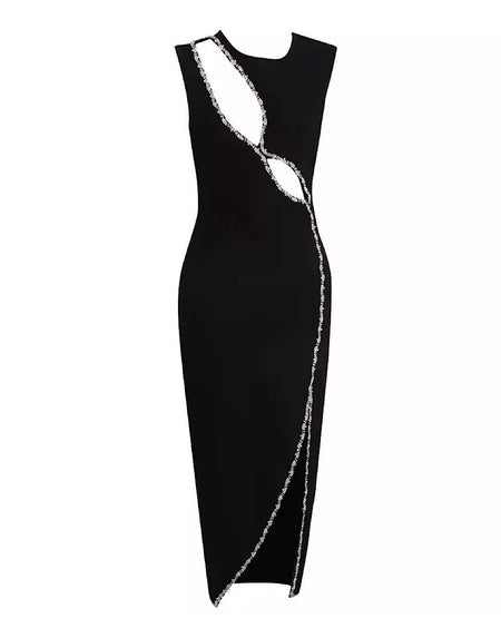 Black Crystal Cutout Midi Dress - BEYAZURA.COM