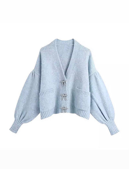 Blue Cozy Loose Sleeve Sweater With Rhinestone Buttons - BEYAZURA.COM