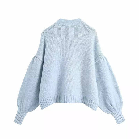 Blue Cozy Loose Sleeve Sweater With Rhinestone Buttons - BEYAZURA.COM