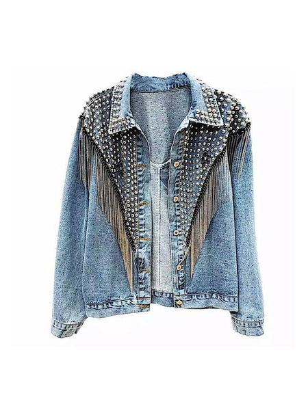 Blue Denim Studded and Fringed Jacket - BEYAZURA.COM