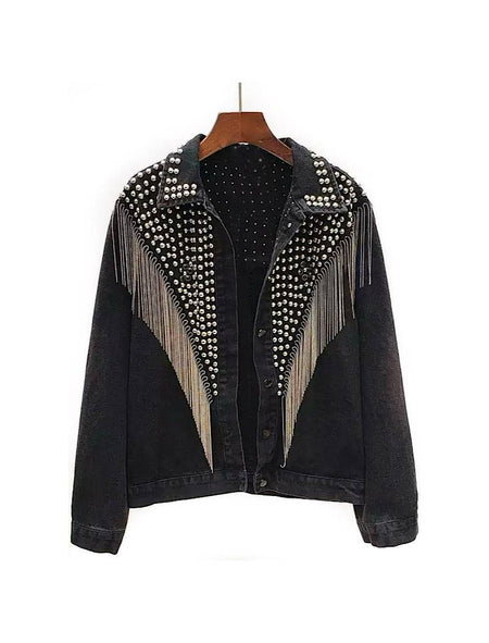 Blue Denim Studded and Fringed Jacket - BEYAZURA.COM