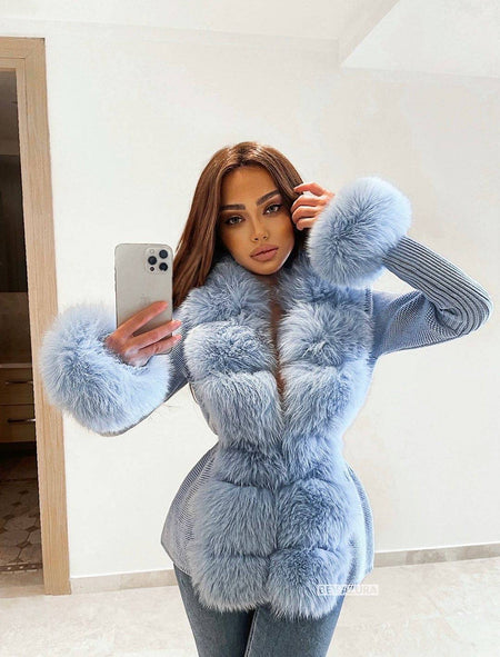 Blue Detachable Fox Fur Trimmed Ribbed Knit Sweater - BEYAZURA.COM