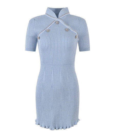 Blue Metallic Thread Mini Knit Dress - BEYAZURA.COM