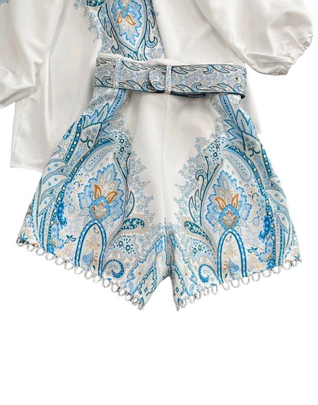 Blue Paisley Print Shirt and Shorts Two Piece Set - BEYAZURA.COM