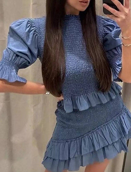 Blue Puff Sleeve Elastic Top And Skirt Two Piece Set - BEYAZURA.COM
