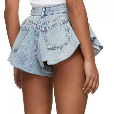 Blue Raw Edge Flared Denim Shorts - BEYAZURA.COM
