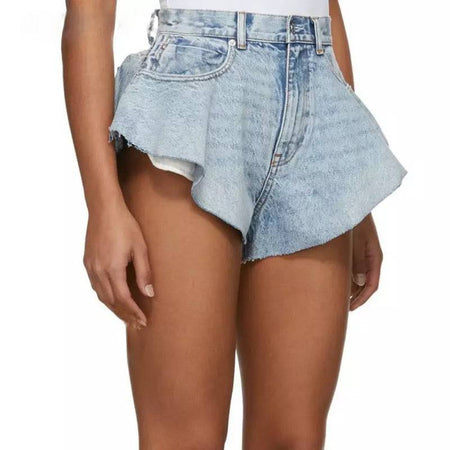 Blue Raw Edge Flared Denim Shorts - BEYAZURA.COM