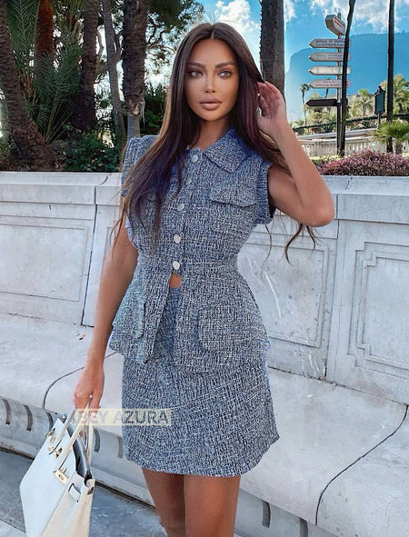 Blue Sleeveless Top With Short Skirt Tweed Two Piece Set - BEYAZURA.COM