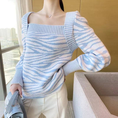 Blue Soft Square Collar Sweater - BEYAZURA.COM