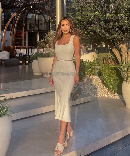 Bodycon Slim Midi Dress In Cream - BEYAZURA.COM