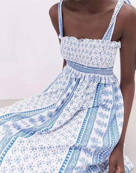 Boho Style Elastic Blue Dress - BEYAZURA.COM