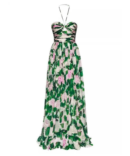 Botanical Print Flowy Maxi Dress - BEYAZURA.COM