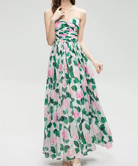 Botanical Print Flowy Maxi Dress - BEYAZURA.COM