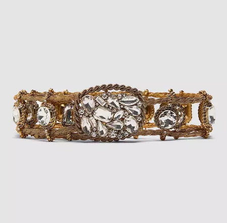 Brassy Gold Crystal Decorated Metal Belt - BEYAZURA.COM