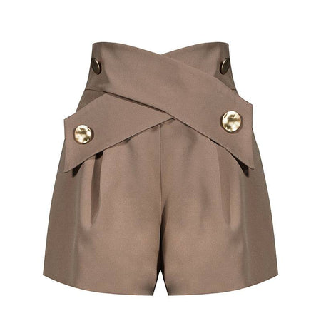 Brown High Waisted Ruched Gold Button Shorts - BEYAZURA.COM