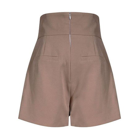 Brown High Waisted Ruched Gold Button Shorts - BEYAZURA.COM