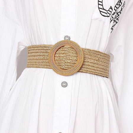 Brown Wide Striped Straw Round Buckle Belt - BEYAZURA.COM