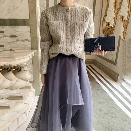 Chain Stitch Warm Sweater With Pearl Buttons - BEYAZURA.COM