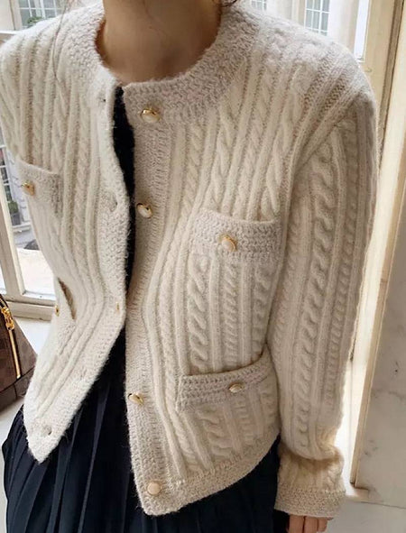 Chain Stitch Warm Sweater With Pearl Buttons - BEYAZURA.COM