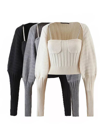 Chain Strap Top And Cardigan Knit Set - BEYAZURA.COM