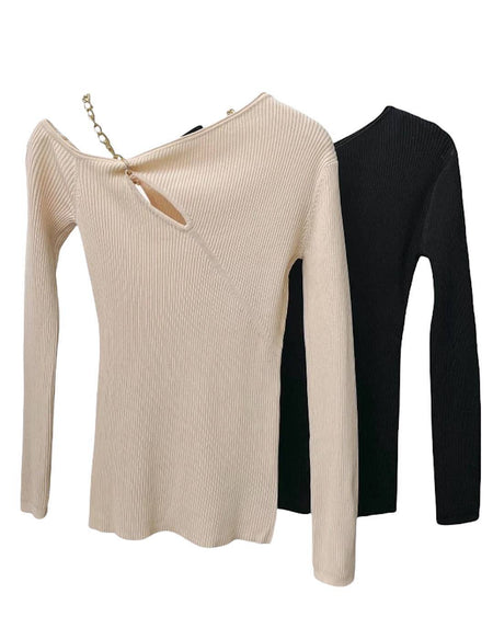 Chain Strapped Ribbed Knit Top - BEYAZURA.COM