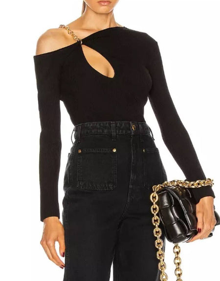 Chain Strapped Ribbed Knit Top - BEYAZURA.COM