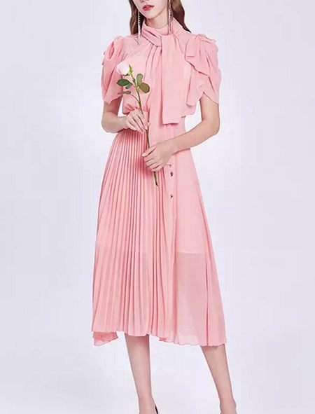 Chiffon Pleated Skirt Stand Collar Midi Dress - BEYAZURA.COM