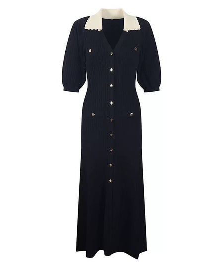 Collared Knit Button Down Dress In Blue - BEYAZURA.COM